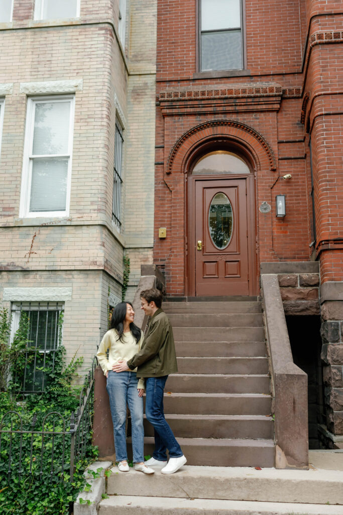 Couple hugging and laughing together during Washington DC engagement session in Capitol Hill