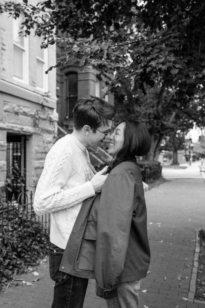 Close up portrait of couple laughing together during Washington DC engagement session