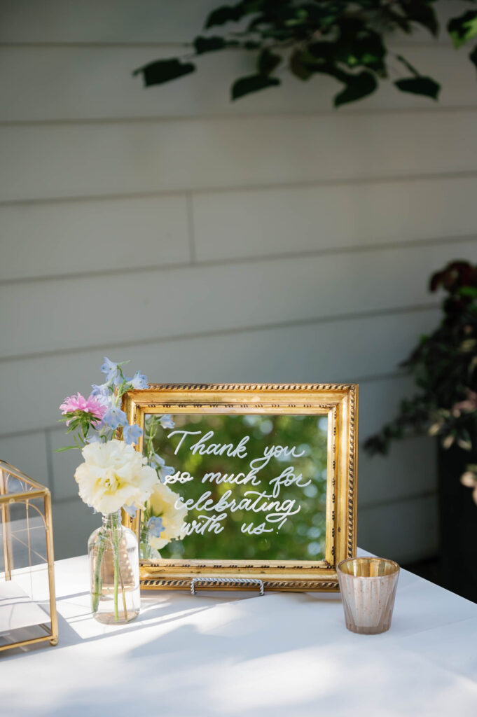 Reception detail with florals and signage thanking guests for celebrating at the Appleford Estate wedding.